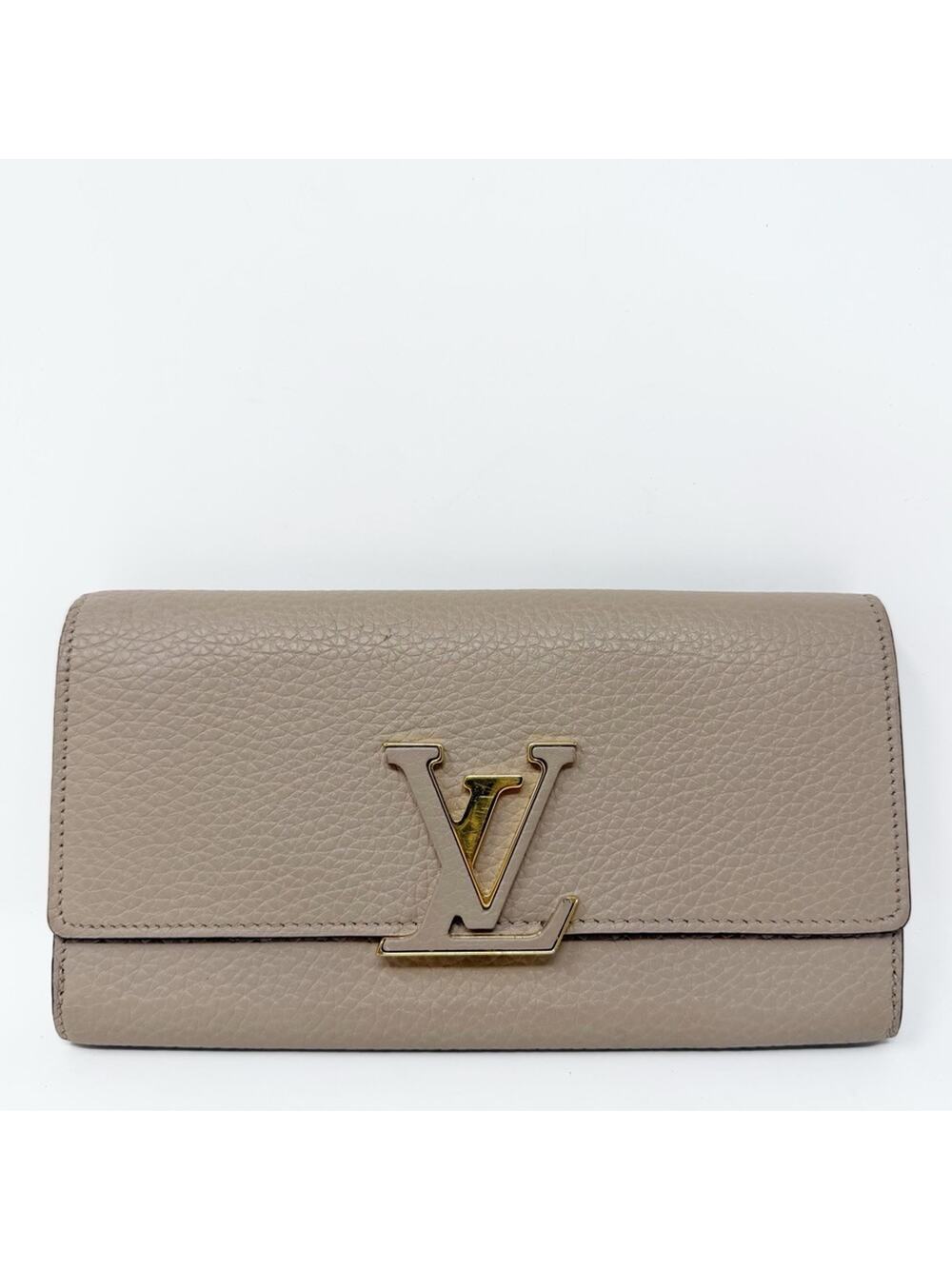Louis Vuitton Capucines Taurillon Leather Wallet Beige Gold LV Womens